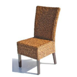A wicker dining chair with a high back and wooden legs.