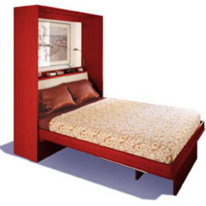 A red Murphy bed folded down with bedding and pillows.
