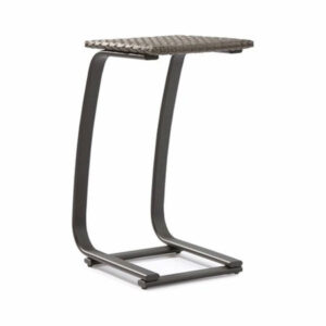 Modern cantilever side table with a woven top and metal frame.