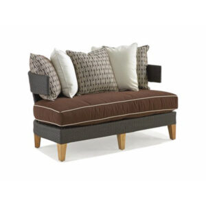 Elegant brown loveseat with patterned cushions and wooden legs.