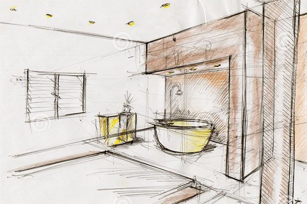 Minimalist bathroom sketch with a bathtub and shelving.