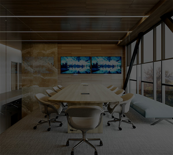 Modern conference room with panoramic city views and sleek furniture.