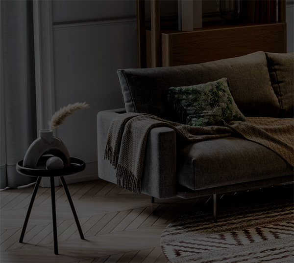 Cozy living room with a sofa, pillows, and a side table with a decorative item.