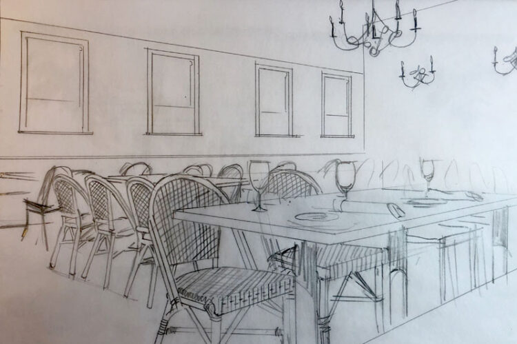 Pencil sketch of an empty dining area with tables and chairs.