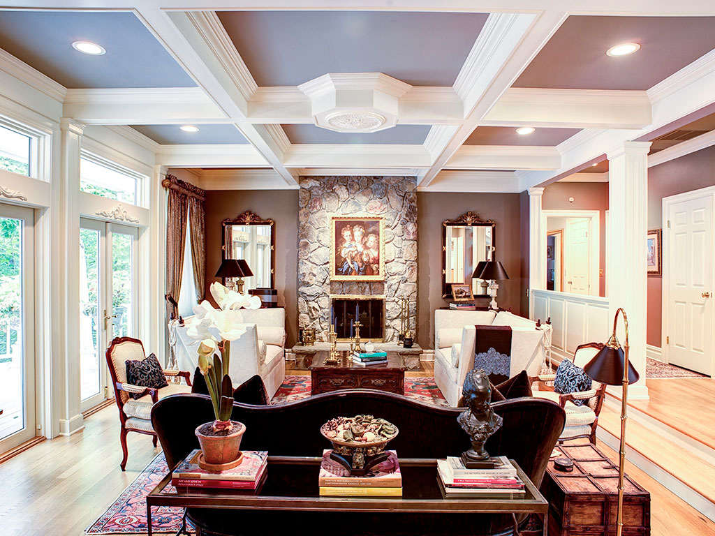 Elegant living room with classic furniture and artwork.