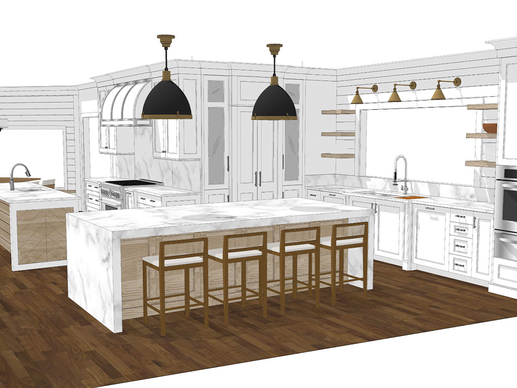 Modern white kitchen with marble countertops and wooden stools.