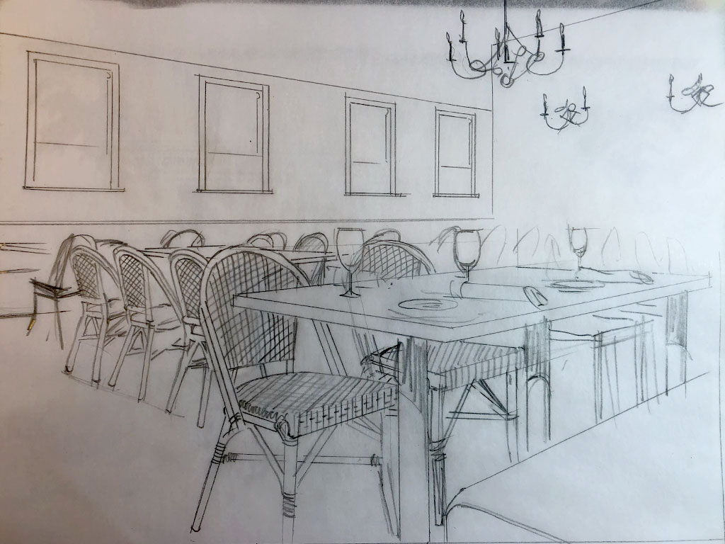 A pencil sketch of a dining area with tables and chairs.